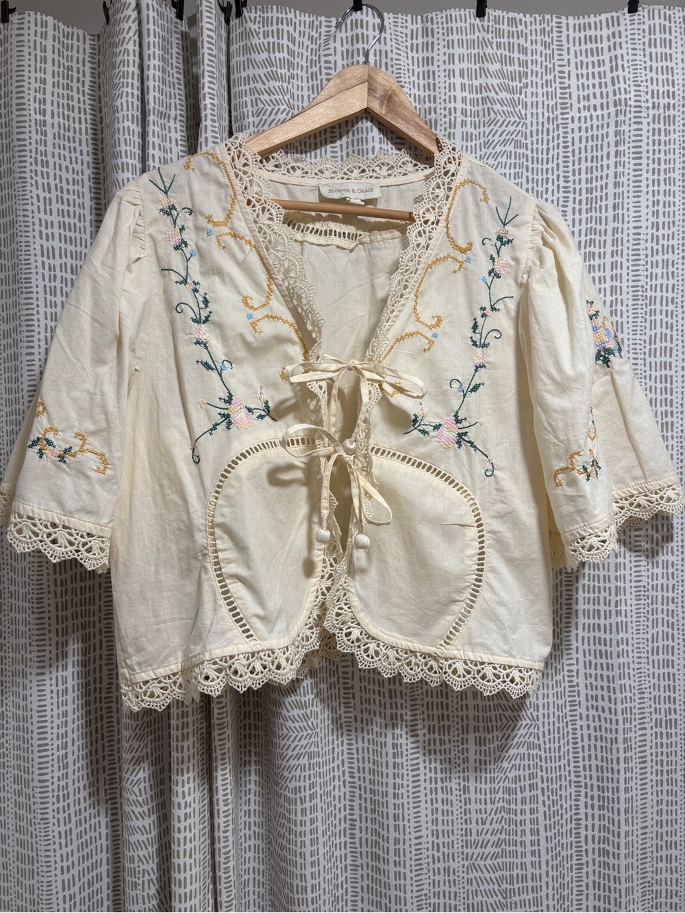 Boho Lace-Up Embroidered Cream Blouse
